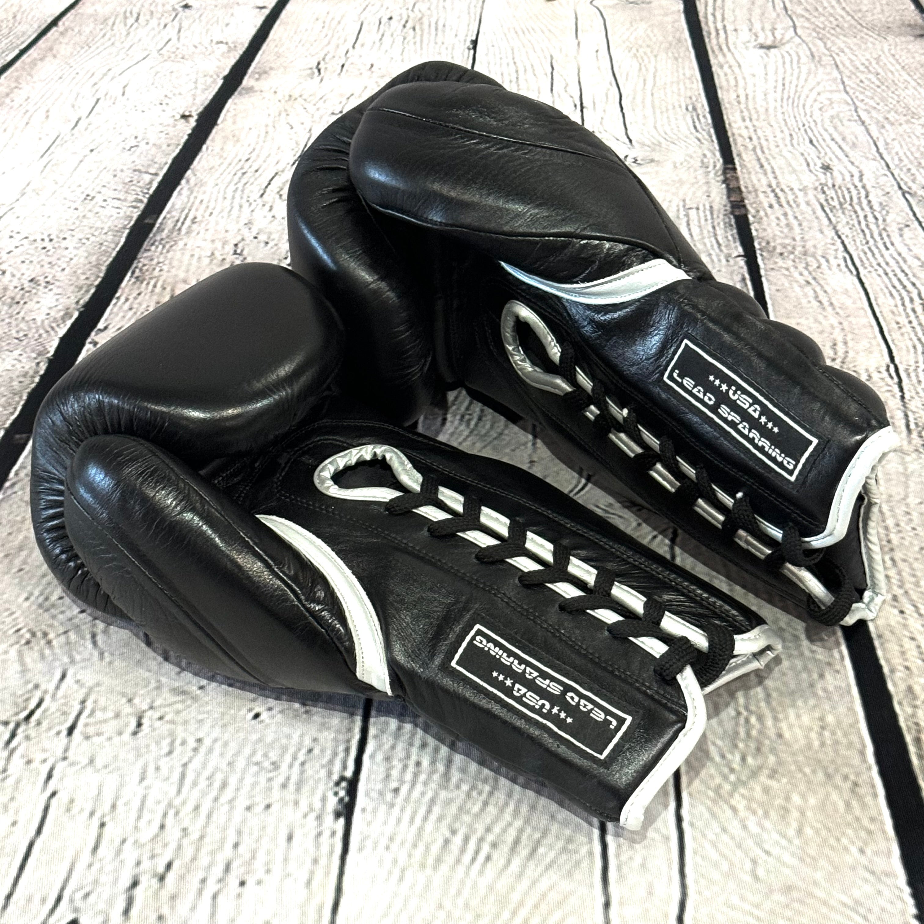 LEAD Sparring Gloves Laced  (Black -Silver Logo )